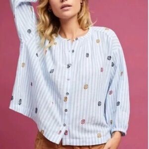 Akemi + Kin Anthropologie Women S Striped Embroidered Cotton Linen Adela Shirt